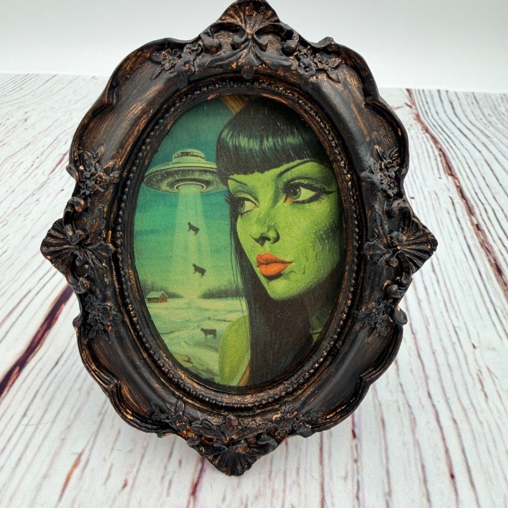 Original Alien Reptilian Woman UFO Art Ornate Bronze Oval Frame 4x3.5